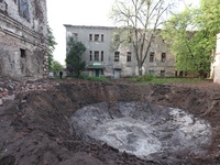 KHARKIV, UKRAINE - APRIL 27, 2024 - A crater is seen at Psychiatric Hospital N3 in the Saltivskyi district following a nighttime Russian S-3...