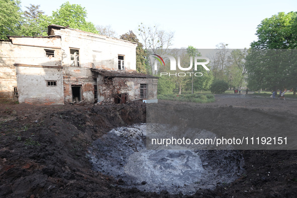 KHARKIV, UKRAINE - APRIL 27, 2024 - A crater is seen at Psychiatric Hospital N3 in the Saltivskyi district following a nighttime Russian S-3...