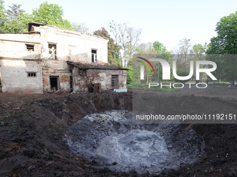 KHARKIV, UKRAINE - APRIL 27, 2024 - A crater is seen at Psychiatric Hospital N3 in the Saltivskyi district following a nighttime Russian S-3...