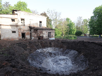 KHARKIV, UKRAINE - APRIL 27, 2024 - A crater is seen at Psychiatric Hospital N3 in the Saltivskyi district following a nighttime Russian S-3...