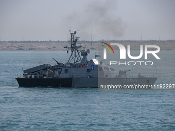 The IRGC Navy Martyr Tavassoli warship is sailing along the Persian Gulf during the IRGC marine parade in honor of Persian Gulf National Day...