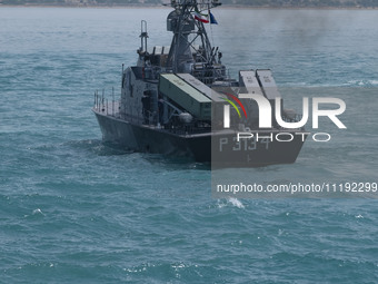 The IRGC Navy Martyr Tavassoli warship is sailing along the Persian Gulf during the IRGC marine parade in honor of Persian Gulf National Day...