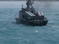 The IRGC Navy Martyr Tavassoli warship is sailing along the Persian Gulf during the IRGC marine parade in honor of Persian Gulf National Day...