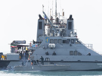 An Islamic Revolutionary Guard Corps (IRGC) Navy warship is being pictured during the IRGC marine parade commemorating the Persian Gulf Nati...