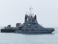 An Islamic Revolutionary Guard Corps (IRGC) Navy warship is sailing along the Persian Gulf during the IRGC marine parade, which is commemora...