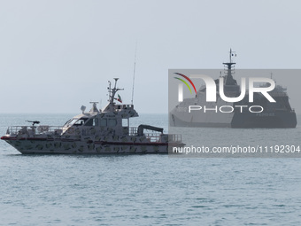 The IRGC Navy Martyr Hassan Bagheri warship is sailing along the Persian Gulf during the IRGC marine parade to commemorate Persian Gulf Nati...