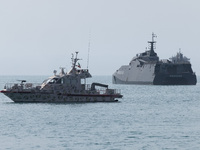 The IRGC Navy Martyr Hassan Bagheri warship is sailing along the Persian Gulf during the IRGC marine parade to commemorate Persian Gulf Nati...