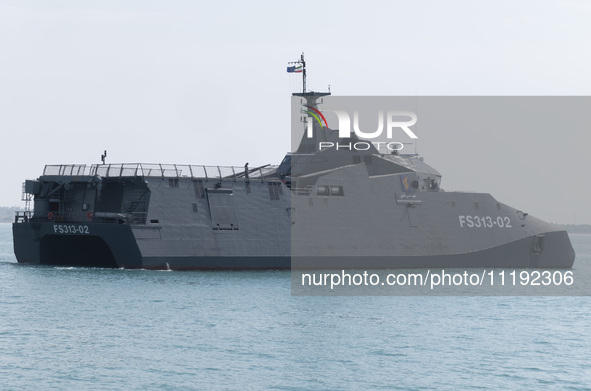 The IRGC Navy Martyr Hassan Bagheri warship is sailing along the Persian Gulf during the IRGC marine parade, which is commemorating the Pers...