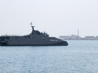 The Islamic Revolutionary Guard Corps (IRGC) Navy Martyr Hassan Bagheri warship is sailing along the Persian Gulf during the IRGC marine par...