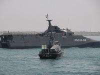 The IRGC Navy Martyr Hassan Bagheri warship is sailing along the Persian Gulf during the IRGC marine parade, which is commemorating the Pers...