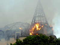 The Palace of Students of the Odesa Law Academy is on fire due to a Russian missile attack in Odesa, Ukraine, on April 29, 2024, which has k...