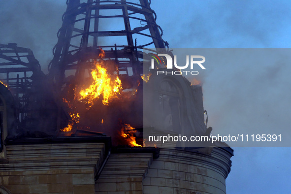 The Palace of Students of the Odesa Law Academy is on fire due to a Russian missile attack in Odesa, Ukraine, on April 29, 2024, which has k...