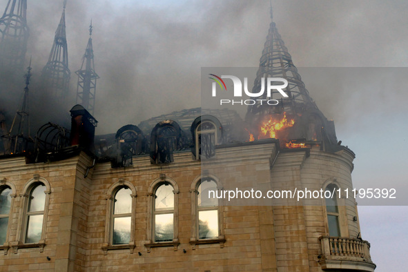 The Palace of Students of the Odesa Law Academy is on fire due to a Russian missile attack in Odesa, Ukraine, on April 29, 2024, which has k...