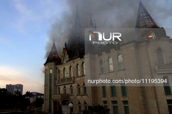 The Palace of Students of the Odesa Law Academy is on fire due to a Russian missile attack in Odesa, Ukraine, on April 29, 2024, which has k...