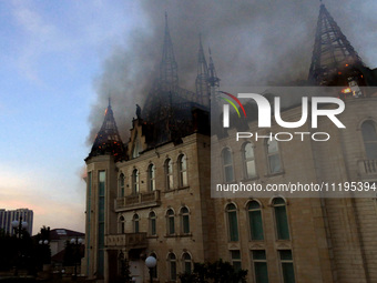 The Palace of Students of the Odesa Law Academy is on fire due to a Russian missile attack in Odesa, Ukraine, on April 29, 2024, which has k...