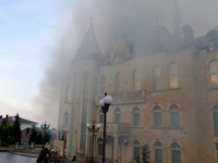 The Palace of Students of the Odesa Law Academy is on fire due to a Russian missile attack in Odesa, Ukraine, on April 29, 2024, which has k...