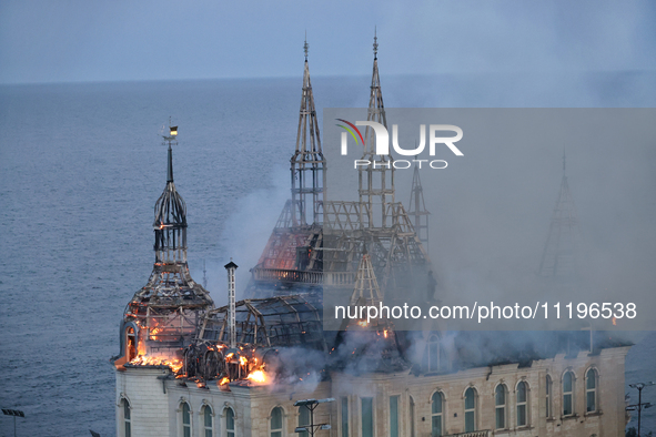 The Palace of Students of the Odesa Law Academy is burning due to a Russian missile attack in Odesa, Ukraine, on April 29, 2024, which has k...