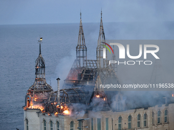 The Palace of Students of the Odesa Law Academy is burning due to a Russian missile attack in Odesa, Ukraine, on April 29, 2024, which has k...