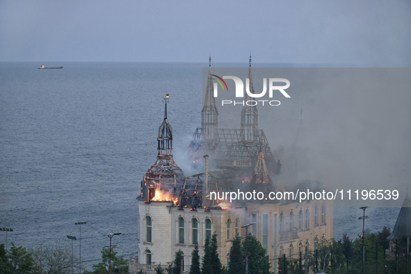 The Palace of Students of the Odesa Law Academy is burning due to a Russian missile attack in Odesa, Ukraine, on April 29, 2024, which has k...