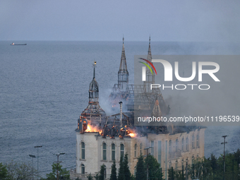 The Palace of Students of the Odesa Law Academy is burning due to a Russian missile attack in Odesa, Ukraine, on April 29, 2024, which has k...