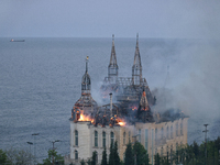 The Palace of Students of the Odesa Law Academy is burning due to a Russian missile attack in Odesa, Ukraine, on April 29, 2024, which has k...