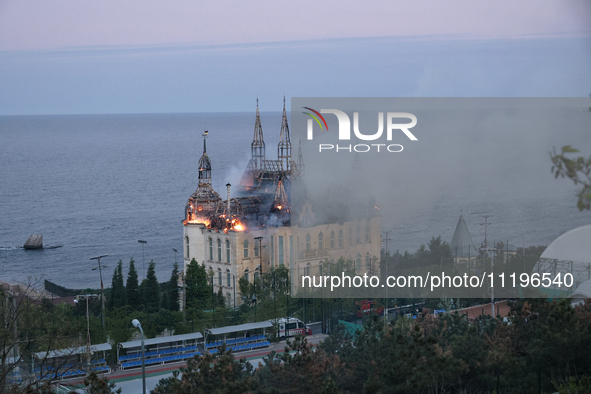 The Palace of Students of the Odesa Law Academy is burning due to a Russian missile attack in Odesa, Ukraine, on April 29, 2024, which has k...