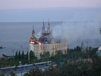 The Palace of Students of the Odesa Law Academy is burning due to a Russian missile attack in Odesa, Ukraine, on April 29, 2024, which has k...