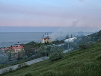 The Palace of Students of the Odesa Law Academy is burning due to a Russian missile attack in Odesa, Ukraine, on April 29, 2024, which has k...