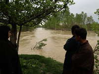 Kashmiri farmers are inspecting their orchards that have been washed away by flash floods in Nathipora Sopore, District Baramulla, Jammu and...