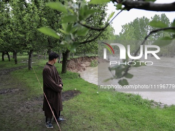 Kashmiri farmers are inspecting their orchards that have been washed away by flash floods in Nathipora Sopore, District Baramulla, Jammu and...