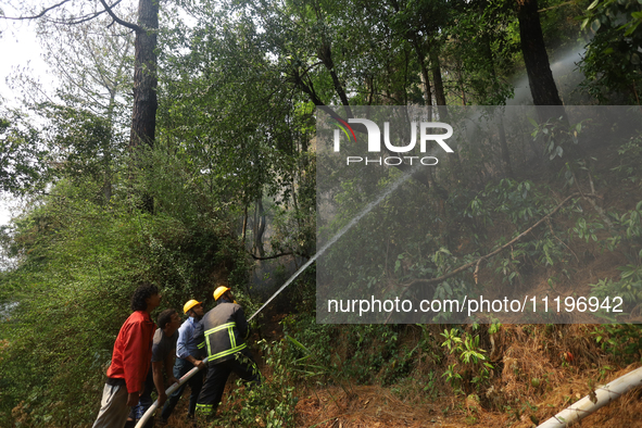 Nepali firefighters are using water cannons to control a blaze that started in a local forest in the Lalitpur District of Central Nepal, on...