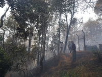 Smoke is shrouding a forest in Lalitpur, Central Nepal, after a reported forest fire incident on April 30, 2024. The hills surrounding the K...