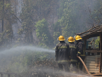 Nepali firefighters are using water cannons to control a blaze that started in a local forest in the Lalitpur District of Central Nepal, on...