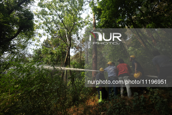 Nepali firefighters are using water cannons to control a blaze that started in a local forest in the Lalitpur District of Central Nepal, on...