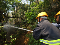 Nepali firefighters are using water cannons to control a blaze that started in a local forest in the Lalitpur District of Central Nepal, on...