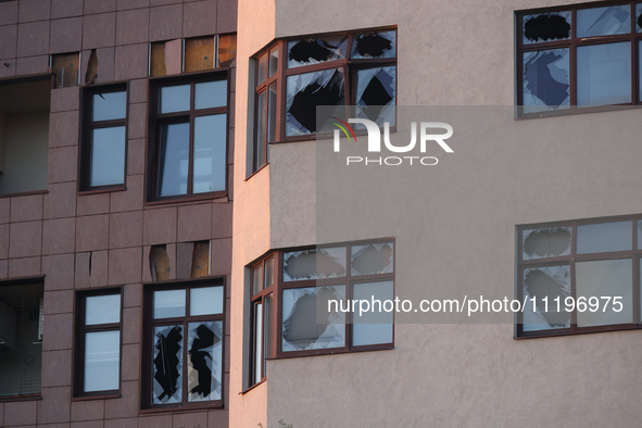 A high-rise building is being damaged by the shockwave from falling Russian guided bombs in Kharkiv, northeastern Ukraine, on April 29, 2024...