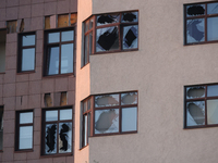 A high-rise building is being damaged by the shockwave from falling Russian guided bombs in Kharkiv, northeastern Ukraine, on April 29, 2024...