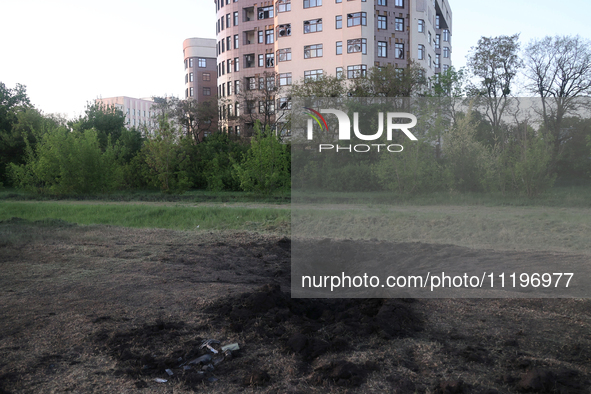 A crater is being seen in the ground after the Russian troops launched guided bombs at Kharkiv, northeastern Ukraine, on April 29, 2024. NO...