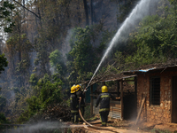 Nepali firefighters are attempting to douse a forest fire in Lalitpur District, Nepal, on April 30, 2024. (