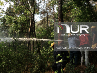 Nepali firefighters are attempting to douse a forest fire in Lalitpur District, Nepal, on April 30, 2024. (