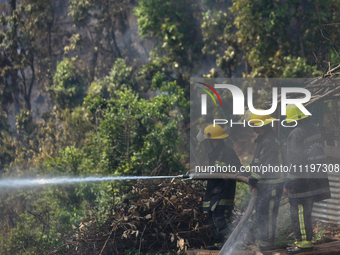 Nepali firefighters are attempting to douse a forest fire in Lalitpur District, Nepal, on April 30, 2024. (