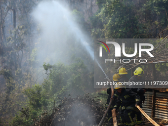 Nepali firefighters are attempting to douse a forest fire in Lalitpur District, Nepal, on April 30, 2024. (