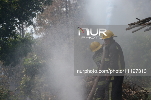 Nepali firefighters are attempting to douse a forest fire in Lalitpur District, Nepal, on April 30, 2024. 