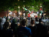 Students rally at a Gaza solidarity encampment at George Washington University, Washington, DC, April, 29, 2024.  GWU students have maintain...