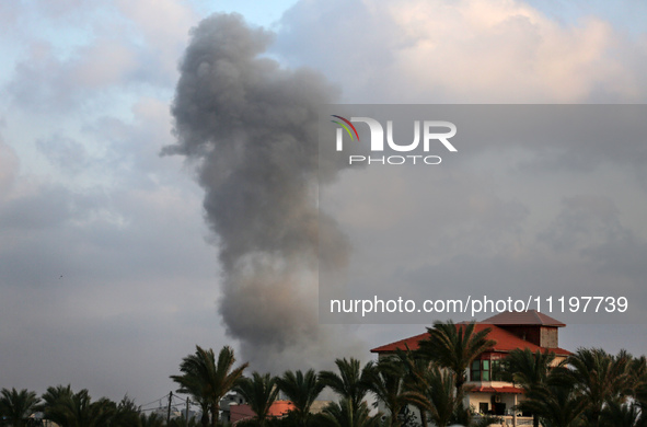 A smoke plume is billowing following Israeli bombardment in Deir Al-Balah, in the central Gaza Strip, on April 30, 2024, amid the ongoing co...