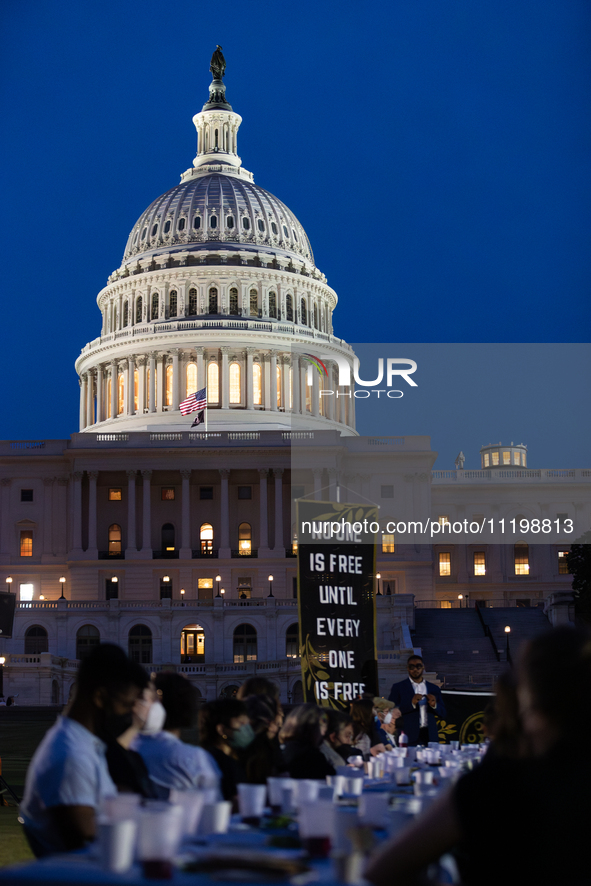 Jewish organizations advocating a ceasefire in Gaza and Palestinian freedom host a Passover Seder on the U.S. Capitol lawn, Washington, DC,...