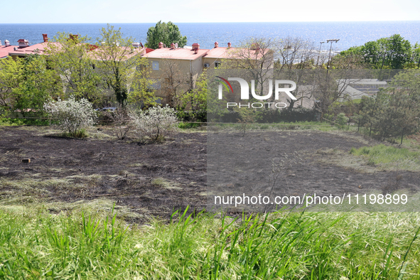 Grass on a slope is burning out as a result of a fire caused by a Russian missile strike on the waterfront in Odesa, Ukraine, on April 29, 2...