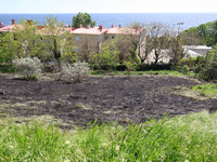 Grass on a slope is burning out as a result of a fire caused by a Russian missile strike on the waterfront in Odesa, Ukraine, on April 29, 2...