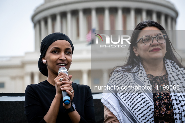 Rep. Ilhan Omar (D-MN) (left) and Rep. Rashida Tlaib (D-MI) participate in a Passover Seder on the U.S. Capitol lawn hosted by Jewish organi...