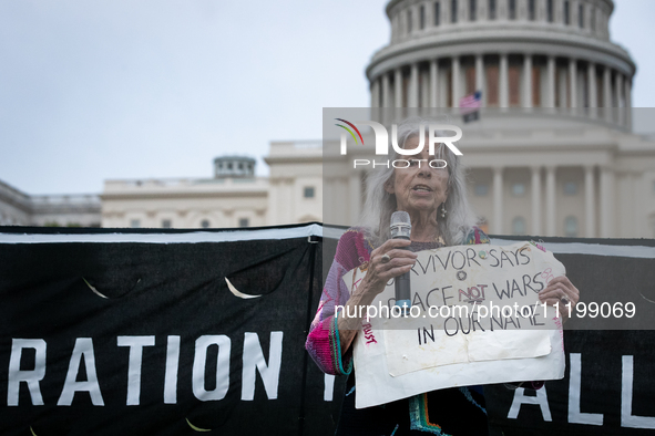 Holocaust survivor Marione Ingram speaks at a Passover Seder on the U.S. Capitol lawn hosted by Jewish organizations advocating a ceasefire...